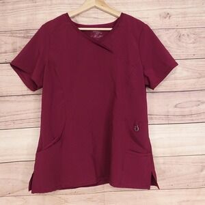 Cherokee Infinity Scrubs Top L Red V Neck Knit Panel Pockets Medical Womens
